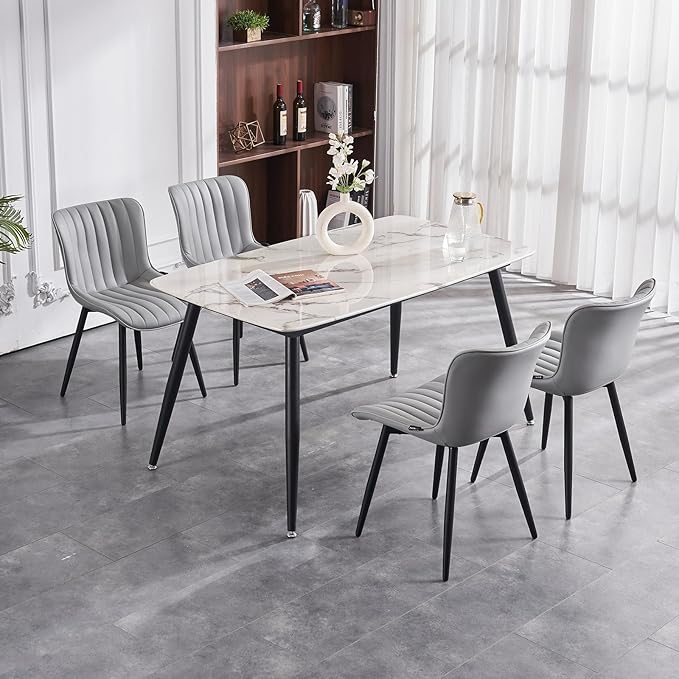 YOUNUOKE Mid-Century Modern Dining Chairs Set of 2, Grey PU Leather Upholstered Kitchen Chairs with Black Metal Legs, Armless Accent Chair for Dining Room, Guest Reception Room