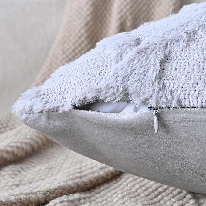 Set of 2 Soft Moroccan Throw Pillow Covers 18x18 Inch Plush Boho Decorative Pillow Cover Accent Cushion Case for Couch Sofa Bed, Grey