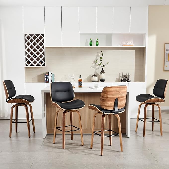 Mid Century Modern Bar Stools Set of 2, 29.5'' Bar Height Swivel Stools with Bentwood Legs, Faux Leather Upholstered Bar Chairs with Footrest for Kitchen Island & Countertops, Black