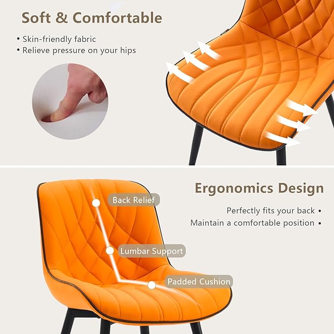 YOUNUOKE Dining Chairs Set of 2 Mid Century Modern Kitchen Chair Comfortable Upholstered Faux Leather Dinner Chairs for Kitchen Dining Room, Orange