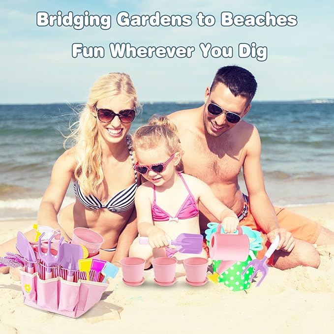 Kids Pink Gardening Tools Set, Garden Toys w/Metal Rake, Shovel, Trowel, Watering Can, Gloves, Tote Bag, Plant pots, DIY Bookmark Kits, Spring Summer Toy Outdoor Gift for Toddler Boy Girl