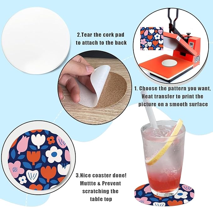 Sublimation Blanks Drink Coasters - Glazed Round Ceramic with Cork Backing Pads Absorbent Coasters,Thermal Transfer of Any Image, DIY Christmas, Painting and Home Decor (24 Pack)