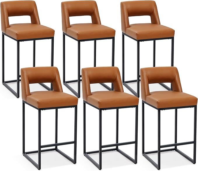 Counter Height Bar Stools Set of 6 for Kitchen Counter Modern Bar Chairs with Backs for Kitchen Island with Upholstered Faux Leather Seat and Metal Frame, 26 Inch, Light Brown