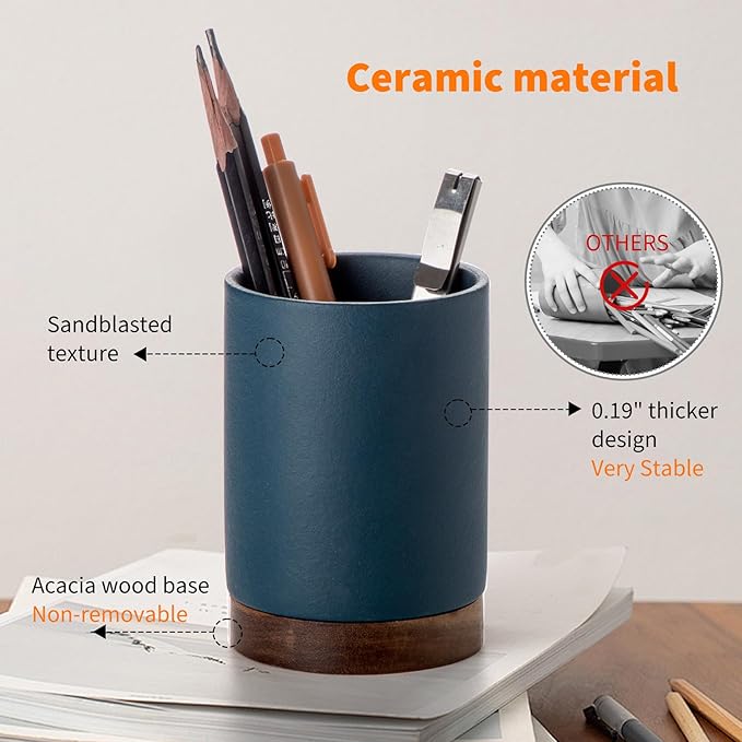 Pen Holder for Desk, Ceramic Pencil Organizer & Makeup Brush Holder, Office Decor and Desk Accessories，Perfect Office Organization,Teacher Supplies(Royal Blue, Set / 1)
