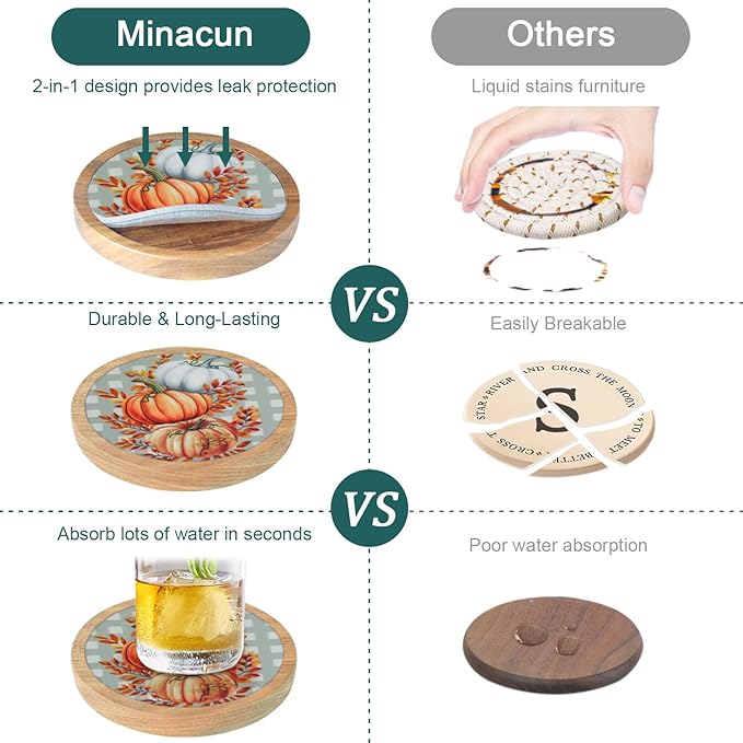 Fall Coasters Set of 6, Pumpkins Coaster, Minacun Absorbent Coasters with Holder Halloween Thanksgiving Themed Party Decoration 4.3 Inch