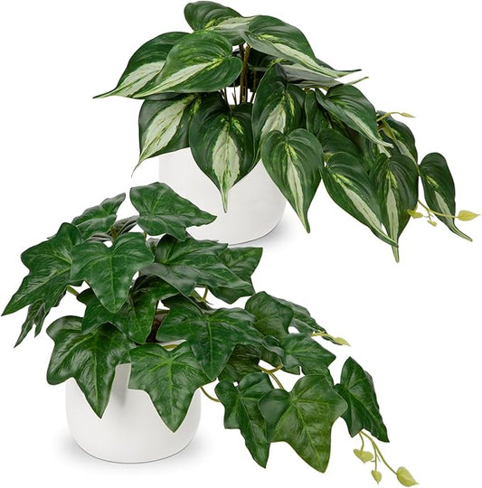 Fake Plants Set of 2 Artificial Plants Faux Ivy Pothos with White Ceramic Pots Fake Potted Plants Artificial Decor for Home Bathroom Shelf Desk Indoor