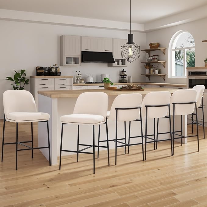 COLAMY Counter Height Bar Stools Set of 6, 25 Inch Modern Fabric Kitchen Island Stools with Back, Upholstered Counter Barstools Armless Bar Chairs with Metal Legs for Island Dining Room Bar, Beige