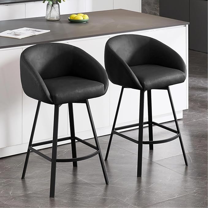 Zesthouse Swivel Counter Height Stools Set of 2, Modern Bar Stools for Kitchen Island, 26" Upholstered Kitchen Counter Height Barstools with Barrel Arms & Backs, Black Faux Leather Bar Chairs