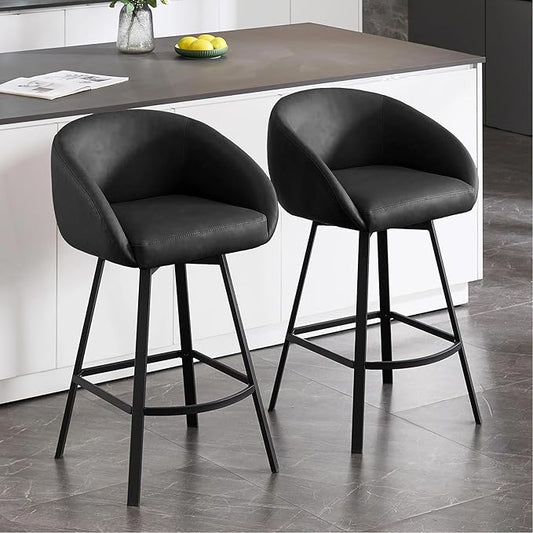 Zesthouse Swivel Counter Height Stools Set of 2, Modern Bar Stools for Kitchen Island, 26" Upholstered Kitchen Counter Height Barstools with Barrel Arms & Backs, Black Faux Leather Bar Chairs