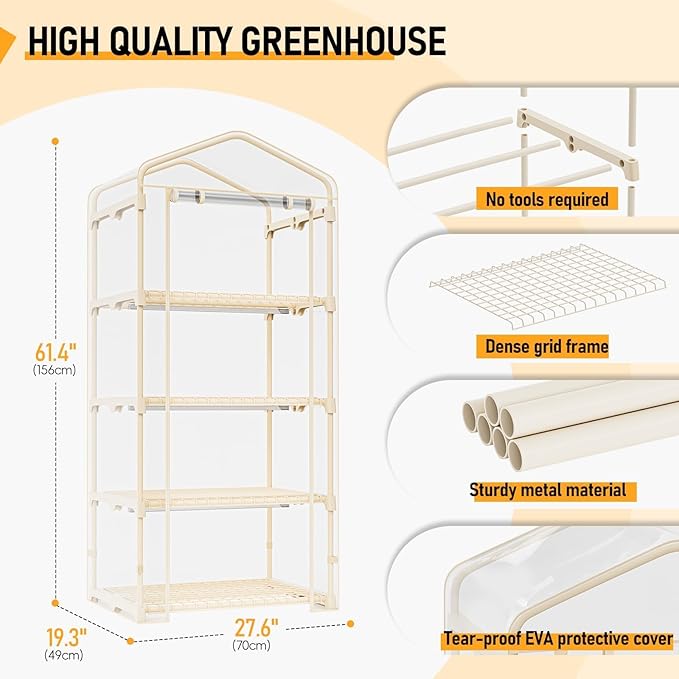 SPECILITE Indoor Greenhouse with Grow Lights - 4 Tiers 27.6"L×19.3"W×61.4"H Outdoor Mini Green House with Zip PVC Cover and Dimmable 45W Full Spectrum Plant Light with Timer for Seed Starting Trays