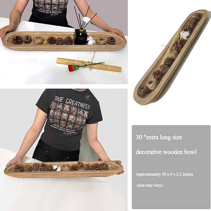 Wooden Dough Bowl Decor, Vintage Wooden Bowl Hand Carved Home Decor for Dining Table Center, Living Room, Kitchen Decor. (30inch brown)