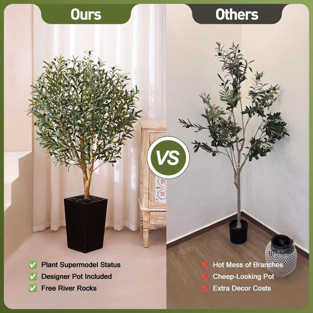 Artificial Olive Tree 5FT, Faux Olive Trees with Real Wood Trunk, UV Resistant Fake Plants in Planter & River Rocks, Indoor Tall Silk Plant for Home Living Room Office Outdoor Decor, VN133