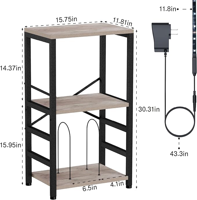 End Table with LED Light,Record Player Stand with Albums Storage,Vinyl Records Storage,Turntable Stand Side Table for Music Room Studio Living Room Bedroom-Greige