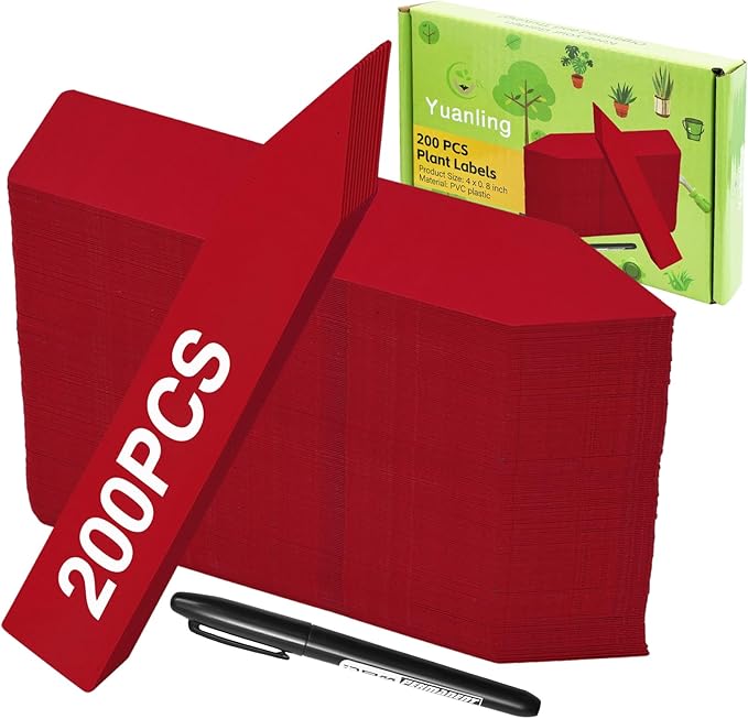 Plant Labels 200 Pcs Yuanling for Seeding Plastic Waterproof Plant Name Tags Garden Labels Marker Garden Pots Stakes for Outdoor Potted Plants Belt Permanent Marking Pen (Red)