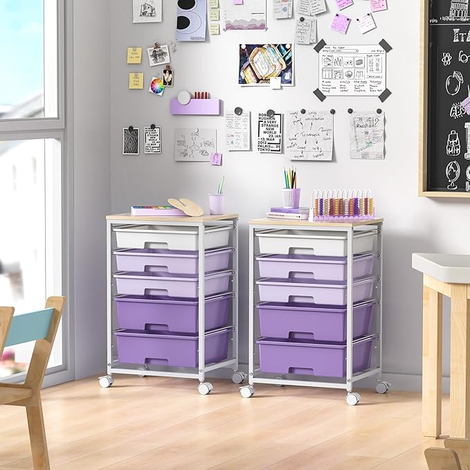 Utility Cart with 5 Drawers,Storage Drawer Cart with Wooden Tabletop and Lockable Wheels,Craft Storage Trolley Cart,5-Tier Rolling Utility Cart on Wheels,Purple