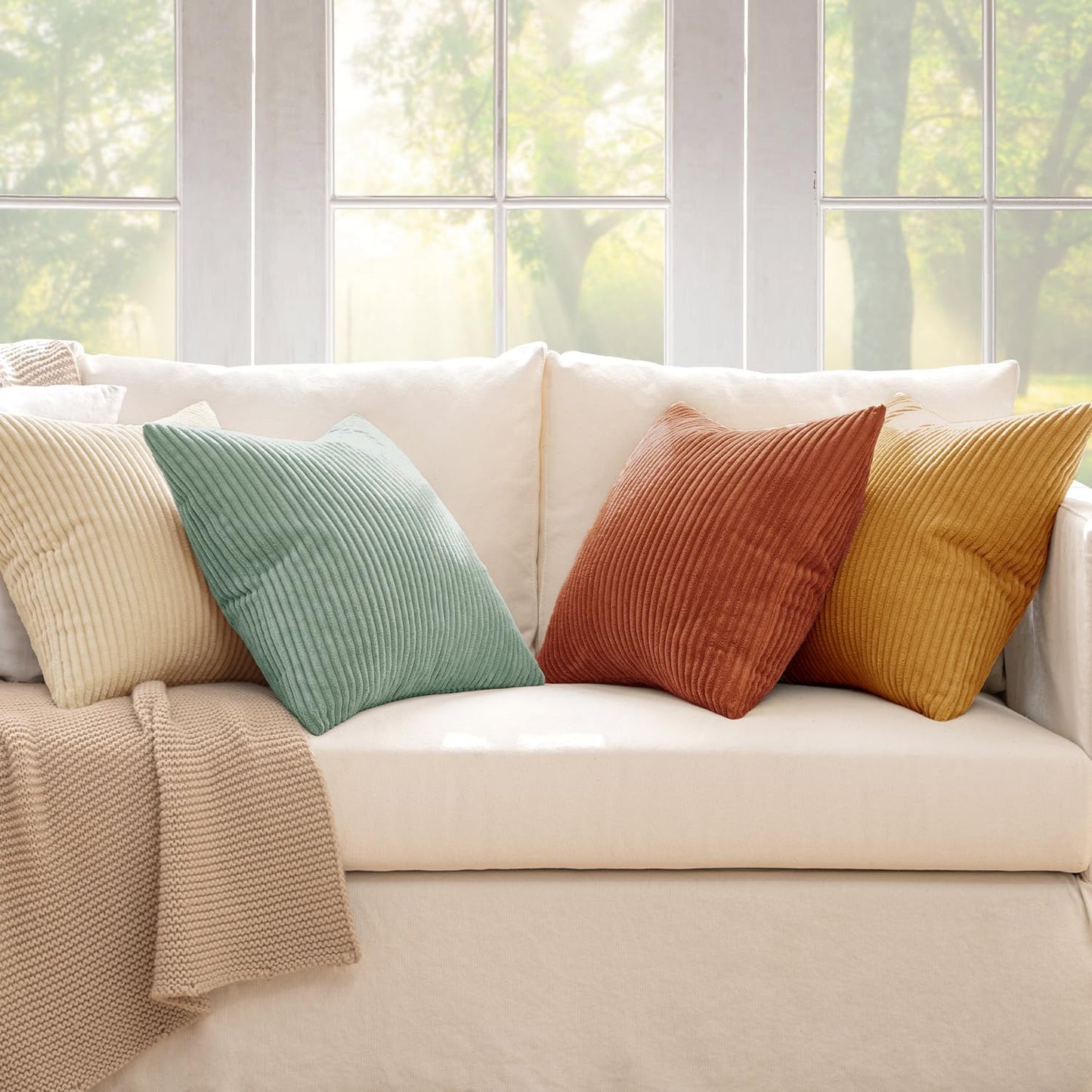 MIULEE Boho Farmhouse Throw Pillow Covers 18x18 Inch Set of 4 Summer Modern Natural Decorative Cushion Covers Soft Corduroy Home Decor for Spring Couch Bed Sofa Living Room Teal-Rust Gradient Series