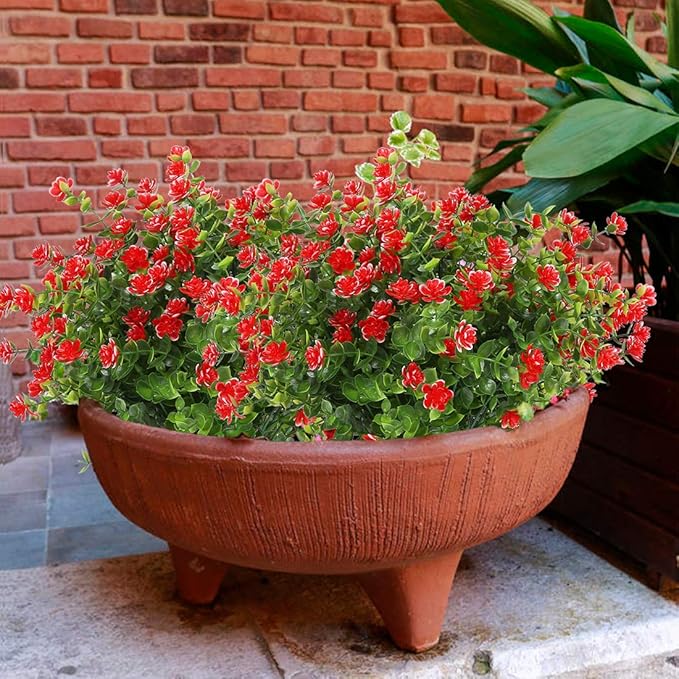 Artificial Flowers, Fake Artificial Greenery UV Resistant No Fade Faux Plastic Plants for Wedding Bridle Bouquet Indoor Outdoor Home Garden Kitchen Office Table Vase 6PCS (Red)