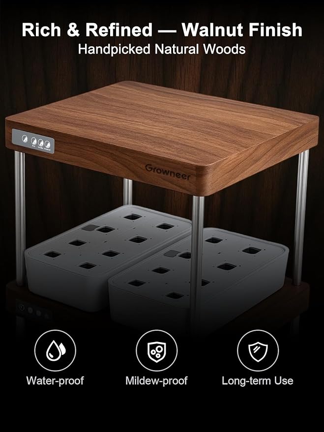 GROWNEER HydroEasy1.0 Hydroponic Growing System, 2-Tier Indoor Garden with Full-Spectrum LED Grow Lights, 32 Pods, Solid Wood Design, Independent Water Circulation, Ideal for Vegetables, Herbs, Walnut