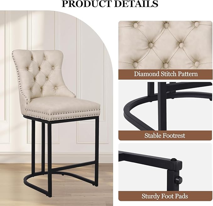 UVV Counter Height Bar Stools Set of 4, 26" Modern Barstools with Back, Faux Leather Upholstery Counter Chairs with Metal Legs for Kitchen Island, Bar, Counter, Beige
