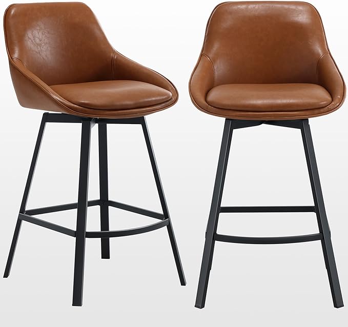 Zesthouse Swivel Counter Height Stools Set of 2, Modern Upholstered Barstools with Backs, 26'' Faux Leather High Chairs for Island Kitchen, Counter Height Chairs with Metal Legs, Brown