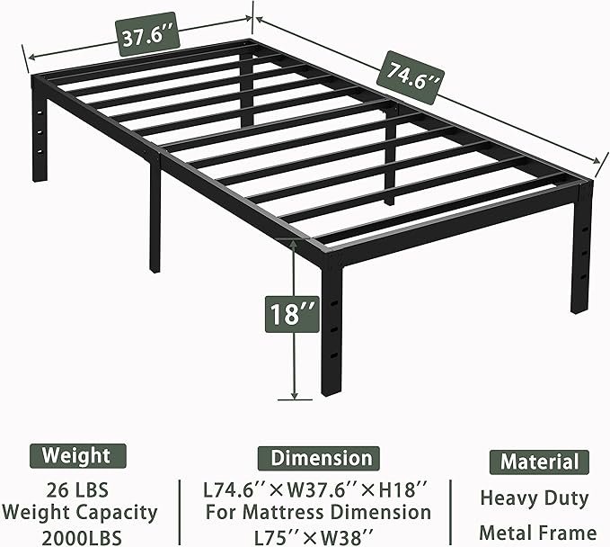18 Inch Twin Bed Frame Metal, Platform Bed Frame Twin Size, Easy Assembly, Heavy Duty, No Box Spring Needed