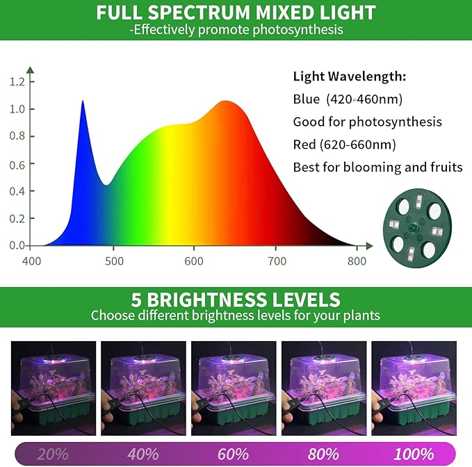Seed Starter Tray with Plant Light, 4 Pack Grow Lights for Seed Starting Kit with Humidity Domes, Timing Controller Adjustable Brightness for Greenhouse Propagator Station Planting Growing