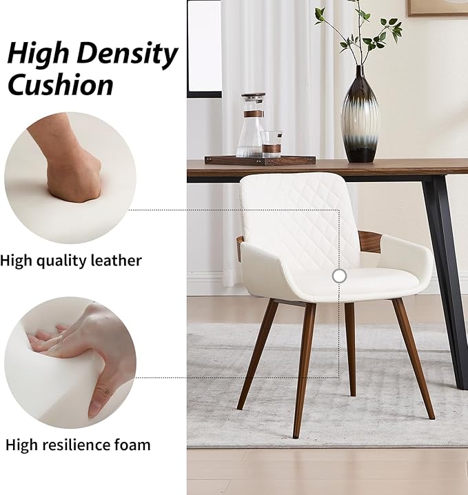 Mid Century Modern Dining Chairs Set of 2 - Faux Leather Dining Room Chairs, Upholstered Kitchen Chair with Arms and Metal Legs - Beige