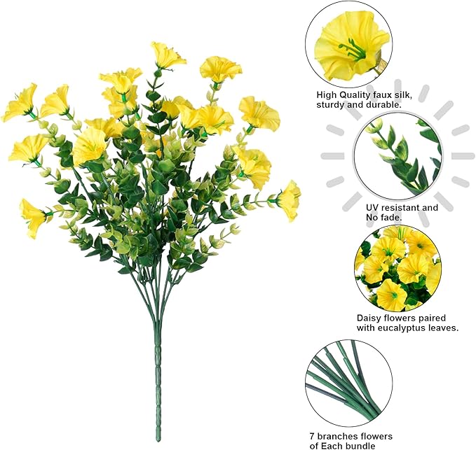 Fake Mums Fall Artificial Flowers Plants for Outdoors Autumn Decoration, 12 Bundles Yellow Silk Morning Glory with Eucalyptus Realistic UV Resistant Faux Flowers for Outside Planter Yard Garden Porch