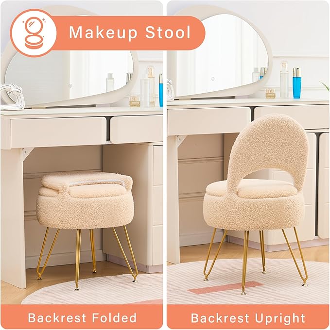 Ottoman Teddy Velvet Vanity Stool Chair with Folding Back Multifunctional Upholstered Makeup Chair, 4 Metal Legs with Anti-Slip Feet for Bedroom Living Room Entryway