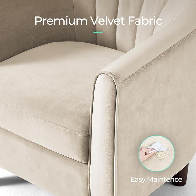 LINSY Accent Chair with Ottoman, Modern Armchair Comfy Barrel Reading Chair with Footrest for Living Room Bedroom Reading Room, Velvet, Beige