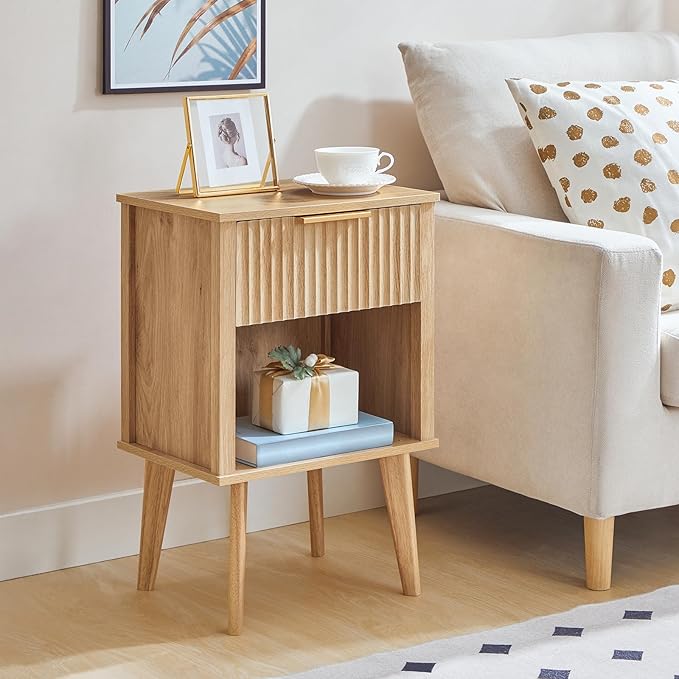 End Table, Fluted Night Stand, Modern Side Table, Bedside Table with 1 Drawer and 1 Open Compartment, Mid Century Nightstand, for Living Room, Bedroom, Study, Office, Natural ETNA6201