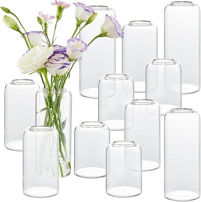 Bud Vases in Bulk Set of 12, Glass Small Vases for Flowers, Modern Cylinder Flower Vases for Wedding Centerpiece, Living Room Decorative, Home Decor