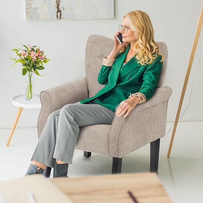 Athena Collection Mid Century Modern Chair for Living Room, Upholstered Wingback Reading Chair for Adults, Comfy Linen Fabric Armchair with Wooden Legs for Bedroom, Dorm, Balcony, Beige