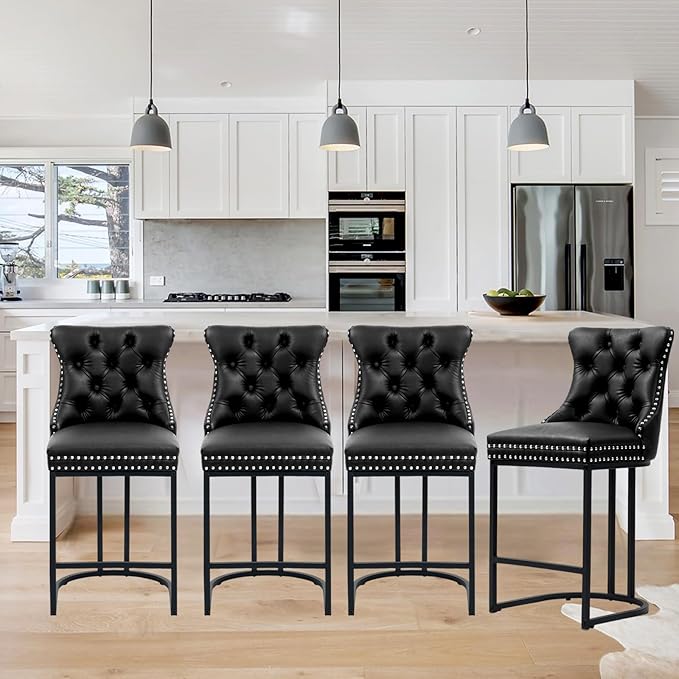 Counter Height Bar Stools Set of 2, 24" Modern Barstools with Back, Faux Leather Upholstery Counter Chairs with Metal Legs for Kitchen Island, Bar, Counter, Black