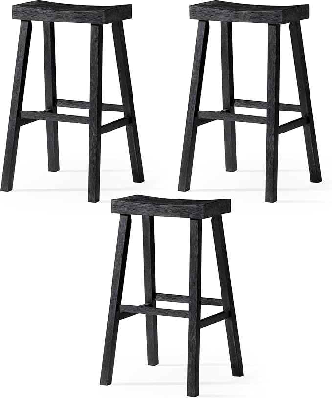 Maven Lane Kitchen Bar Stool, Modern Farmhouse Wood Barstool, Kitchen Island Chairs, Pub Bar Height Stools for Kitchen, Wide Comfortable Seat Backless Bar Stools, Vincent 31", Antiqued Black, Set of 3