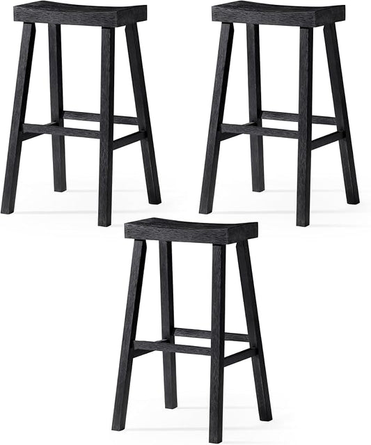 Maven Lane Kitchen Bar Stool, Modern Farmhouse Wood Barstool, Kitchen Island Chairs, Pub Bar Height Stools for Kitchen, Wide Comfortable Seat Backless Bar Stools, Vincent 31", Antiqued Black, Set of 3