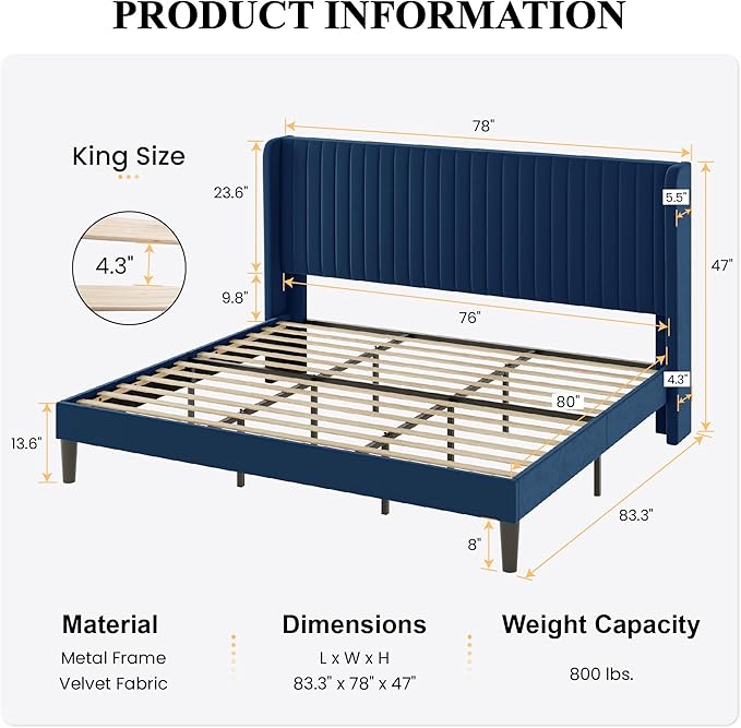 SHA CERLIN King Size Velvet Bed Frame with Vertical Channel Tufted Wingback Headboard, Upholstered Platform Bed with Wood Slats, No Box Spring Needed, Easy Assembly, Blue