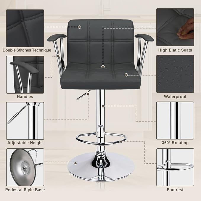 Bar Stools Set of 2,Armrest Adjustable Swivel Barstools with Back,Double Needle PU Leather Counter Height Bar Stools for Kitchen Island, Grey
