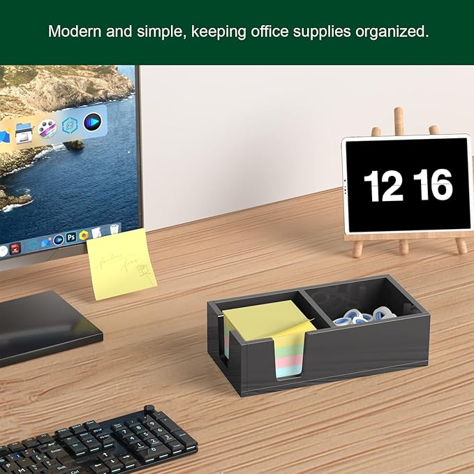 Acrylic Sticky Note Holder, Self-Stick Note Pad Holder W/O Pads - Note Dispenser Memo Pad Holder Desk Organizer for School Office Home (3''x3'' 2IN1 Black)
