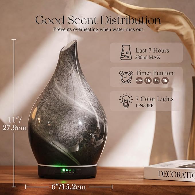 Porseme 280ml Essential Oil Diffuser Glass Color Changing Aroma Air Diffusers Aromatherapy Ultrasonic Cool Mist Humidifier 7 Running Hours Waterless Auto-Off for Sleeping, Yoga, Office, Spa (Obsidian)