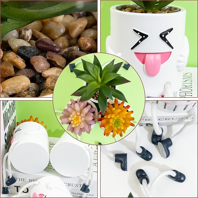 3 Pcs Cute Fake Plant Mini Potted Succulents with Hanging Leg White Pot Creative Artificial Succulent Plants in Funny Pot Faux Succulents for Home Office Shelf Desk Decor and Gift Choice
