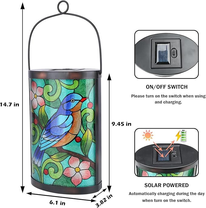 Afirst Hanging Solar Lantern - Decorative Outdoor Glass Solar Bird Lights Waterproof Led Tabletop Lamp for Garden Yard Patio Decor