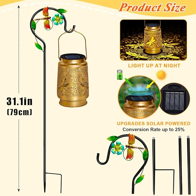 2 Packs Dragonfly Solar Lanterns Outdoor Waterproof with Shepherd Hook,Hanging Solar Lights Garden Decor,Christmas Decorations Dragonfly Gift for Women Grandma,Metal Decorative Lanterns for Yard,Patio