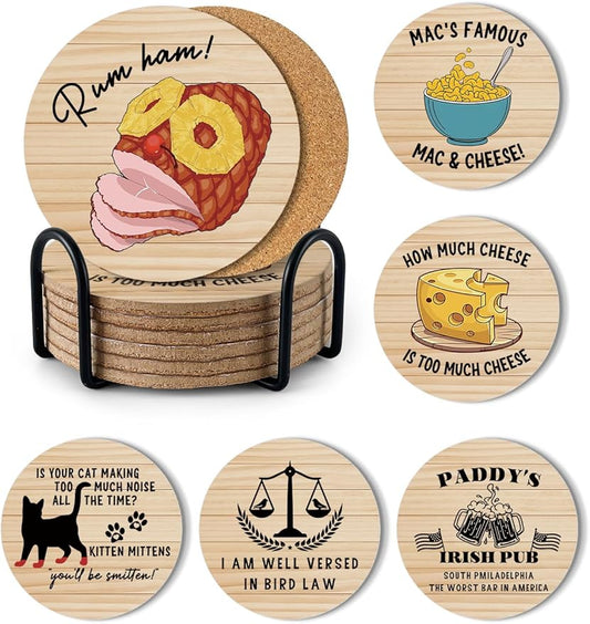 Funny Sunny in Philadelphia Coasters for Drinks - Always Sunny in Philadelphia Merch Coasters Set of 6 with Holder, Always Sunny TV Show Themed Coaster Gifts for Women Fans