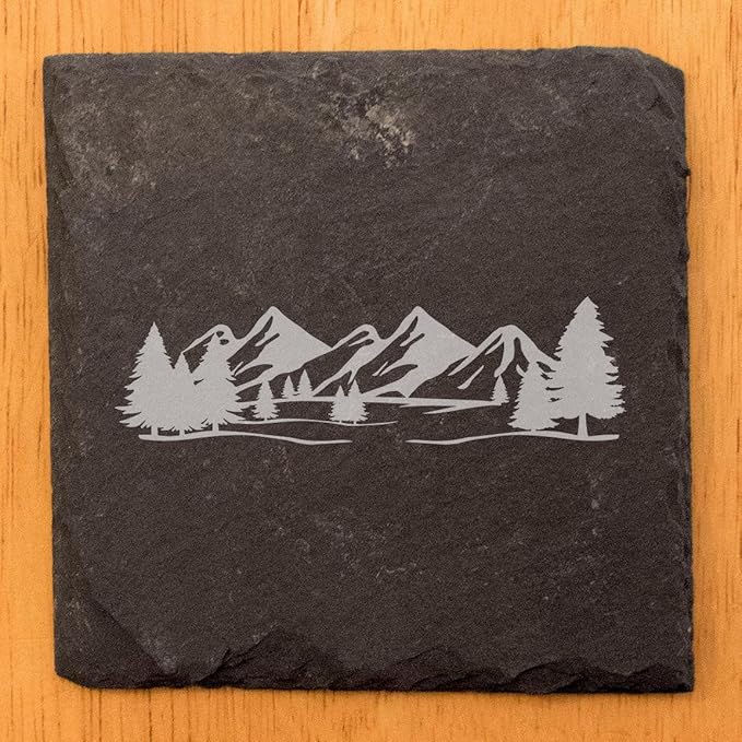 Mountain Majesty Slate Coasters with Stunning Mountain Scene Design - Perfect for Home and Office Decor and Protection of Surfaces, Available in Square or Round Coasters - Square Slate - Set of 8