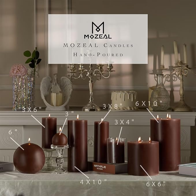 MOZEAL Hand-Poured, 3 Inch Brown Round Ball Candles - Elegant Brown Round Pillar Candles Set of 3, Dripless, Unscented, Smokeless, Ideal for Autumn Gatherings.