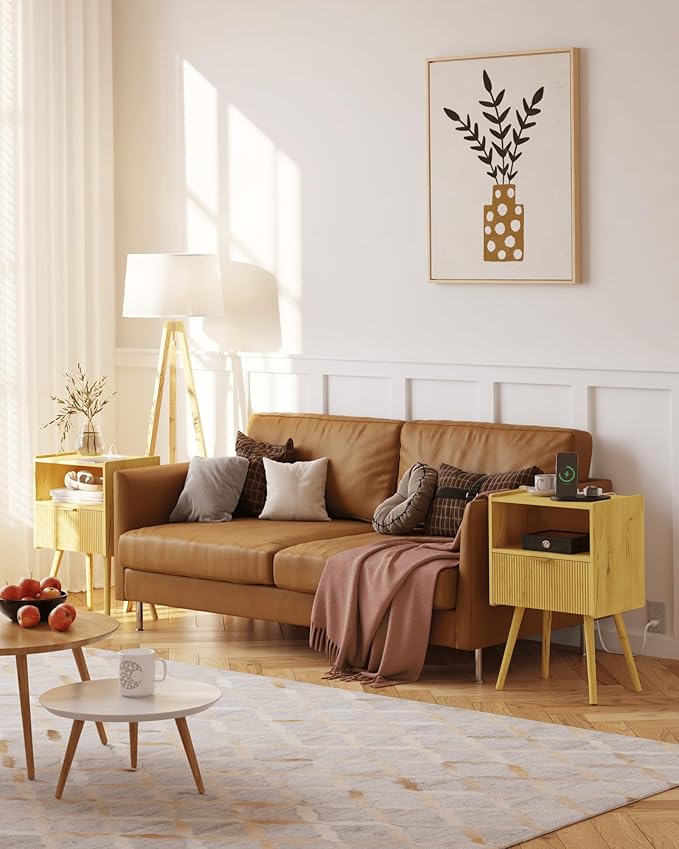 Nightstand with Outlet,Modern Bedside Table with Storage Drawer and Open Wood Shelf, for Living Room, Bedroom and Small Spaces, Accent Night Stand with Solid Wood Legs, Easy Assembly,Yellow Oak