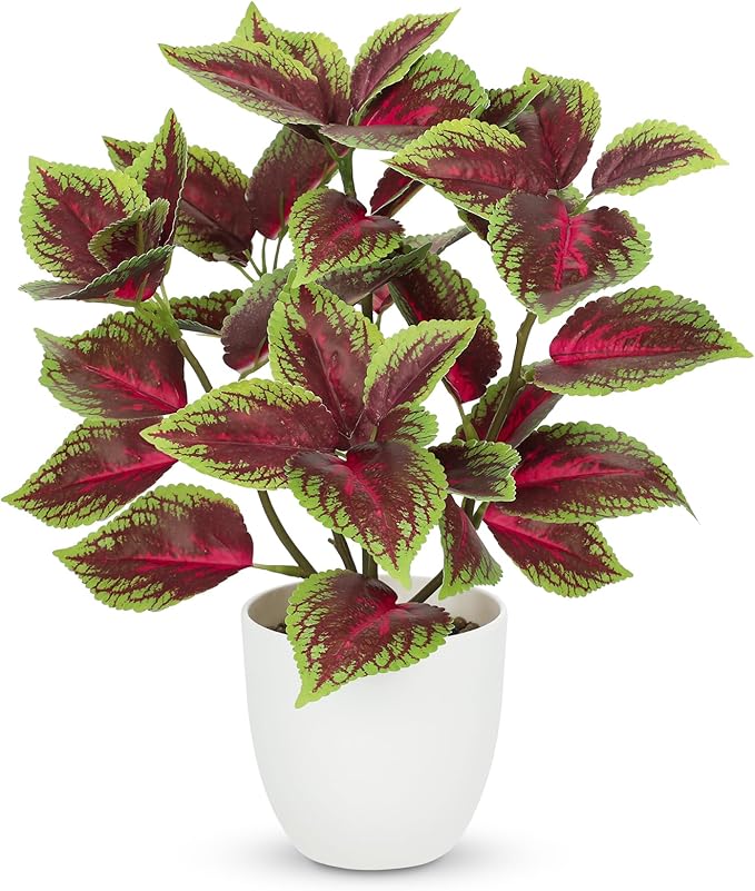 Artificial Plants Indoor 14.2" Small Fake Perilla Plant in Pot Potted Plants Artificial Decor Faux House Plant with White Pot for Farmhouse Home Office Bathroom Living Room Table Shelf Decor