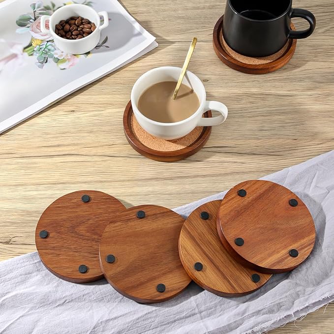 Wood Cork Coasters for Drinks Absorbent with Holder, Large Wooden Coaster for Coffee Table, Cork Coaster for Wooden Table Decor New Home Gifts Mom's Day - Rustic 4.72Inch