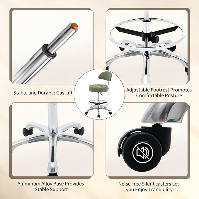 Rolling Stools with Wheels (Faux Leather Makeup Stool) (Quiet Wheels and Aluminum Base) Adjustable Barber Chair 20-27 inch (Green)